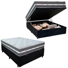 Cama Box Baú Casal Black Graphite com Colchão Molas Ensacadas Suede 138x188x64cm Preto Anjos