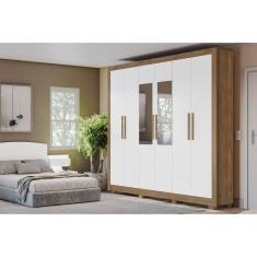 Guarda-roupa 6 Portas e 2 Gavetas com Pés e Espelho Nogueira/Branco