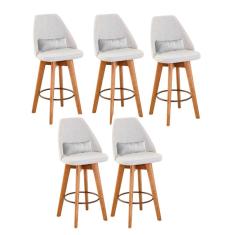 Kit 05 Banquetas Alta Maya Giratória Com Encosto Linho Bege Claro e Almofada Suede Branco - Aurora Line