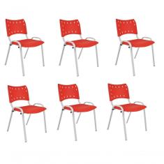 Kit 6 Cadeiras Iso Para Escola Escritório Comércio Vermelha Base Branca