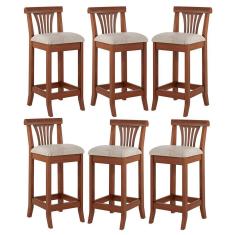 Kit 6 Banquetas Média Estofada Encosto Valentina 36x90Cm Bancada Madeira Maciça Linho Bege M58 - RMI