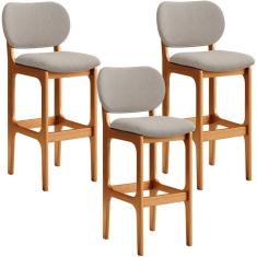 Kit 3 Banquetas Alta Betta Imbuia Linho Bege