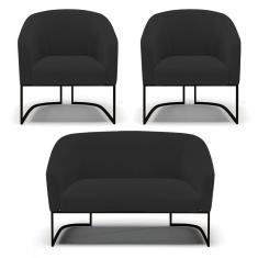 Sofá Namoradeira E 2 Poltronas Base Industrial Preto Stella Veludo Preto D03 - D`rossi