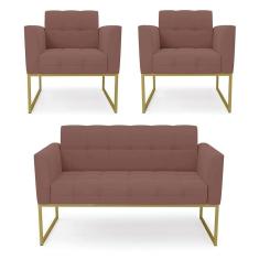 Kit 1 Sofá Namoradeira E 2 Poltronas Elisa Veludo Rosê Base Metálica Industrial Dourado - D`rossi