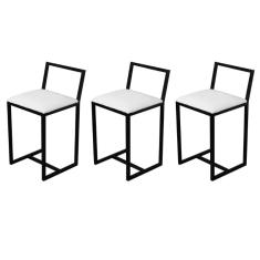 Jogo 3 Banqueta Baixa Para Cozinha Preta Industrial Estofado Branco