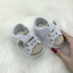 Tenis Menina Sapatinhos Bebe Calcados Infantil Branco Com Dourado Glit