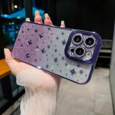 Diamond Clear Glitter Star Capa de telefone de silicone macio para iphone 11 12 13 14 Pro Max Sexy luxo transparente capa traseira, roxo, para iphone 12ProMax