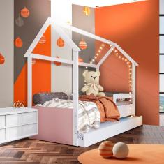 Bicama Casinha Montessoriana Solteiro Branco Rosa Sorriso