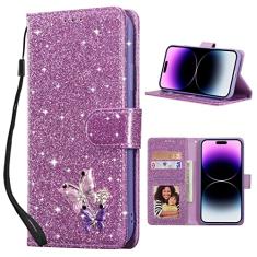 UEEBAI Capa carteira para iPhone 14 Pro Max, capa de telefone brilhante com glitter premium com borboleta, porta-cartões, suporte, fecho magnético, à prova de choque, capa flip - roxo brilhante