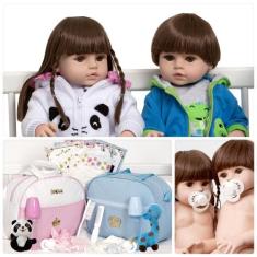Boneca Reborn Grande Gêmeos 100% Vinil Panda Sapinho + Itens - Cegonha