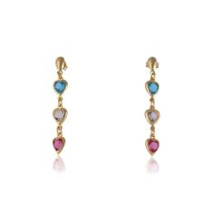 Brinco De Corações Com Pedras Coloridas Folheado Em Ouro 18K