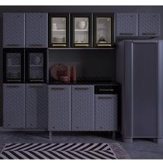 Armário De Cozinha Aéreo 3 Portas Vidro Diamante Telasul Branco/Preto