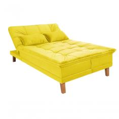 Sofá Cama Berlim 3 Lugares Império Reclinável Casal Pés Madeira Com Banqueta Suede Amarelo 374