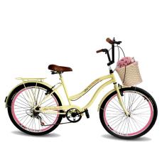 Bicicleta aro 26 feminina retrô cesta tpo vime 6 marchas beg