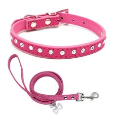 Conjunto de coleira e coleira para filhotes de cachorro com diamante de cristal colorido brilhante para meninas e gatos rosa P