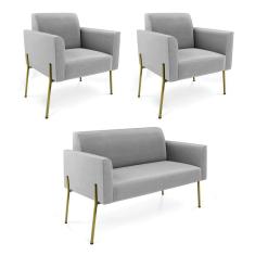 Sofá Namoradeira e 2 Poltronas Pé de Ferro Dourado Marisa Suede Cinza D03 - D`Rossi