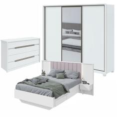 Quarto com Guarda-Roupa com Espelho 3 Portas 6 Gavetas, Cômoda Urban 8 Gavetas e Cama Solaris Branco