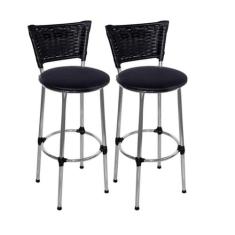 Kit 2 Banquetas Altas Cromada com Encosto Junco Preto Assento Preto - 