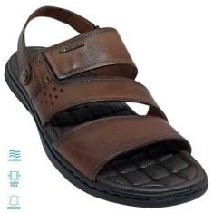 Sandália Pegada Masculino Couro Anilina 3 Tiras Elastico, Pinhao, 39