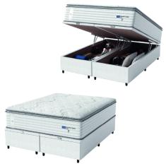 Cama Box Baú Casal King Colchão Molas Guarda Costas Max Com Pillow 193x203x81cm Branco/Cinza