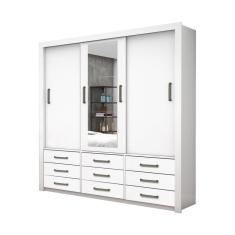 Guarda Roupa Roupeiro Anjos 3 Portas De Correr Com Espelho Central 9 Gavetas Carioca Branco