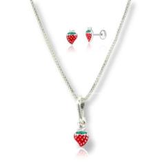 Conj. Colar Ping. Par Brinco Infantil Prata Pura 925 Morango - Lojas L
