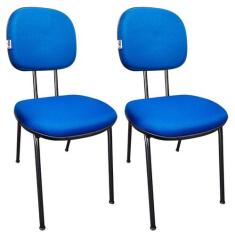 Kit 2 Cadeiras Secretaria Fixa Pé Palito Estofada Tecido Jserrano Azul