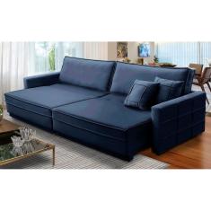 Sofá Cama Retrátil e Reclinável 2,50m com Molas Karen Veludo Azul Adonai Estofados