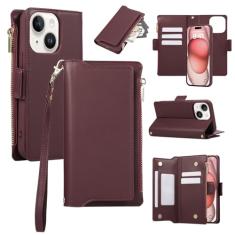 Capa carteira para iPhone 13, bolso com zíper magnético [destacável] capa de couro flip com 6 compartimentos para cartão e 1 compartimento para dinheiro, [bloqueio RFID] capa com alça de pulso e