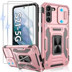 Gritup Capa para Galaxy-S21 com capa deslizante para câmera + [2 protetores de tela HD], suporte de anel giratório de metal 360°, capa protetora à prova de choque de grau militar para Samsung Galaxy