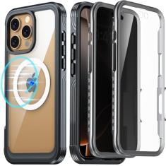 AMILIFECASES Capa para iPhone 16 Pro Max, moldura frontal dupla embutida 9H protetor de tela de vidro temperado + protetor de tela de privacidade, compatível com MagSafe, capa magnética para celular