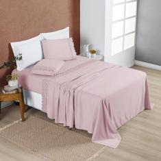 Lençol Casal Queen Bordado Inglês 200 Fios 04 Pçs Rosa - Jm Enxovais