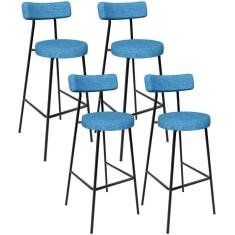 Kit 04 Banquetas Alta Bar Cozinha Sala De Jantar Estrutura Em Aço Milão L02 Linho Azul - Lyam Decor