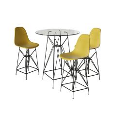 Jogo Mesa Bistrô Eames Vidro 60Cm 3 Banquetas Amarela Base Ferro Preto - Cor: Branco