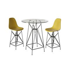 Jogo Mesa Bistrô Eames Vidro 60Cm 2 Banquetas Amarela Base Ferro Preto - Cor: Branco
