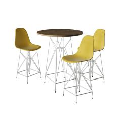 Jogo Mesa Bistrô Eames Tampo Amêndoa 60Cm 3 Banquetas Amarela Base Ferro Branco - Cor: Amendoa