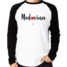 Camiseta Raglan Medicina por amor Manga Longa - Foca na Moda, Branco, 