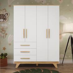 Guarda Roupa Infantil 4 Portas 3 Gavetas Retro Móveis Peroba - Branco Brilho/Amendoa