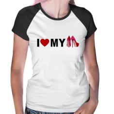 Baby Look Raglan I Love My Shoes - Foca na Moda, Branco, Preto, P