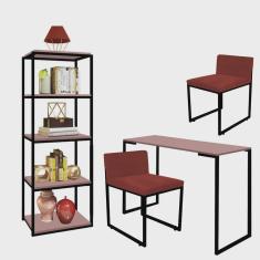 Kit Escritório Ravi 2 Cadeiras Suede Vermelho com 1 Mesa e 1 Livreiro Ferro Preto mdf Rose Rosa - Ahazzo Móveis
