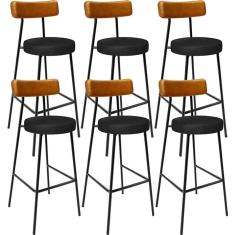 Kit 06 Banquetas Alta Bar Cozinha Sala De Jantar Milão L02 Couríssimo Whisky Preto - Lyam Decor