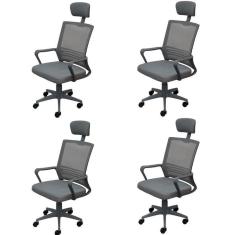 Kit 4 Cadeiras para Escritório Presidente Lyon Alta em Tela Mesh Cinza