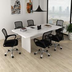 Kit 7 Peças com Uma Mesa de Reunião e 6 Cadeiras de Escritório Tela Mesh Espresso Móveis Branco/Preto