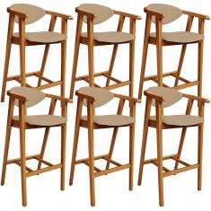 Kit 06 Banquetas Alta Cozinha Bancada Bar Sala de Jantar Fixa Cecília L02 Linho Bege Escuro - Lyam