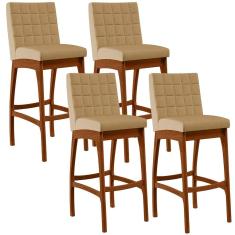 Kit 4 Banquetas Altas Mila B04 Estrutura Madeira Eucalipto Assento Linho Bege escuro Lyam Decor