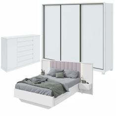 Quarto com Guarda-Roupa 3 Portas 6 Gavetas, Cômoda 2 Portas 7 Gavetas e Cama Solaris Branco