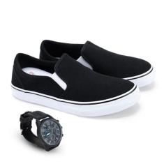 Tenis Masculino Slip On Confortável + Relógio Analógico - Plumax, Pret