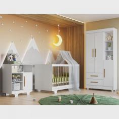 Quarto de Bebê 100% mdf com Berço Minicama, Cômoda e Guarda Roupa 3 Portas Flocos