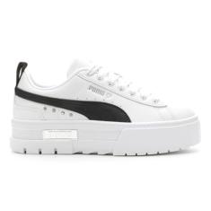 Puma Tênis feminino Mayze Flawless com cadarço plataforma casual - branco, Puma branco-puma preto-puma prata, 36