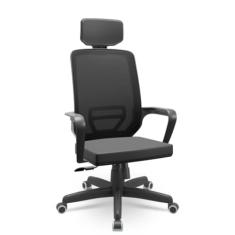 Cadeira Escritório Presidente Adrix Plaxmetal Mecanismo Relax Encosto Tela e Assento Vinil Preto com Apoio de Cabeça